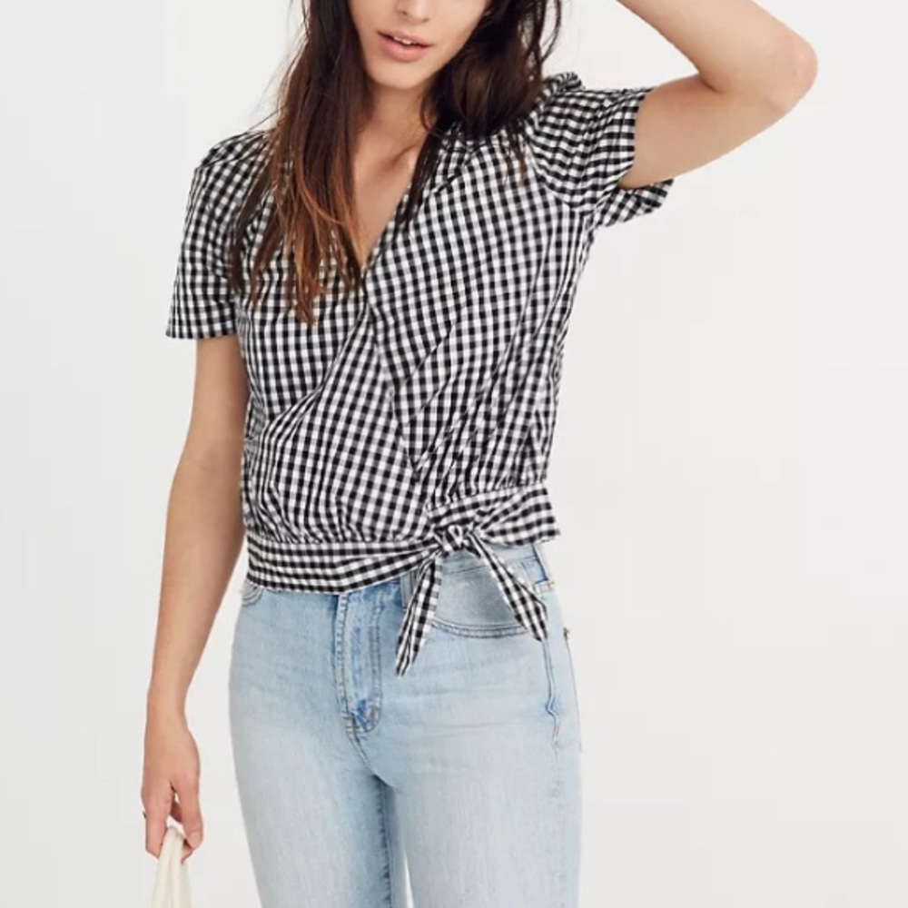 Madewell Short-Sleeve Wrap Top in Gingham Check